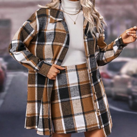 . Jackets & Blazers - Khaki Casual Womens Check Pattern Drop Shoulder Button Front Jacket And Skirt